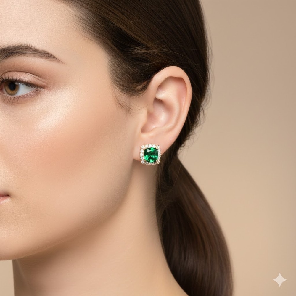 Stunning Emerald Cushion Cut Halo Stud Earrings 925 Sterling Silver‎